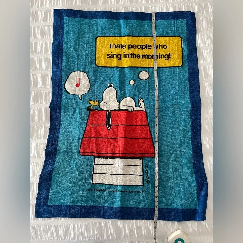 VINTAGE Snoopy Woodstock Tea Towel "I Hate People Who Sing In the Morning!" - Picture 10 of 13
